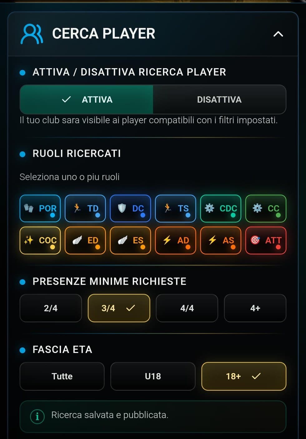 Preview ricerca player e filtri ruolo